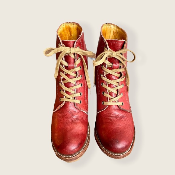 Frye Sabrina 6G Burgundy Vintage Leather Combat Lace Up Block Heel Ankle Boots - Picture 7 of 12